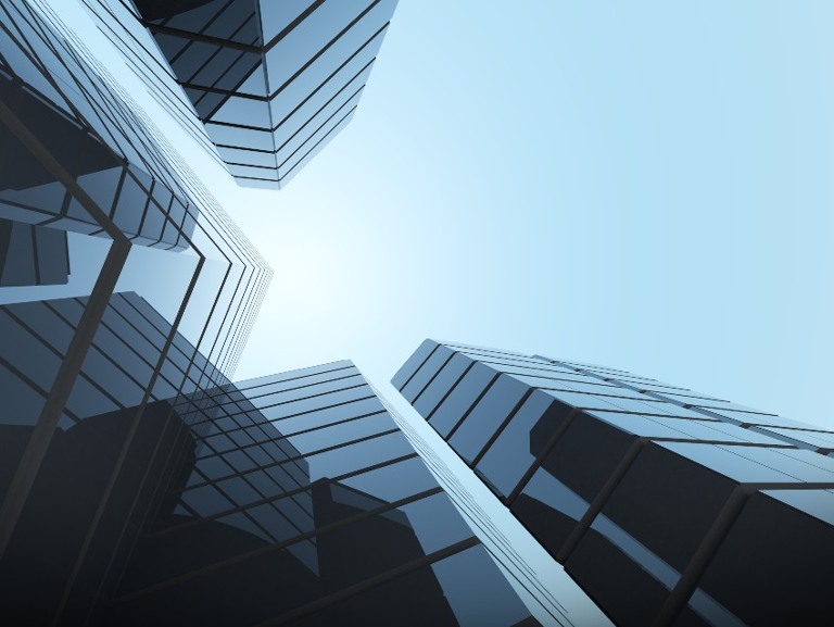Vista del edificio de cristal sobre el fondo azul del cielo,Concepto de negocio de la futura arquitectura,